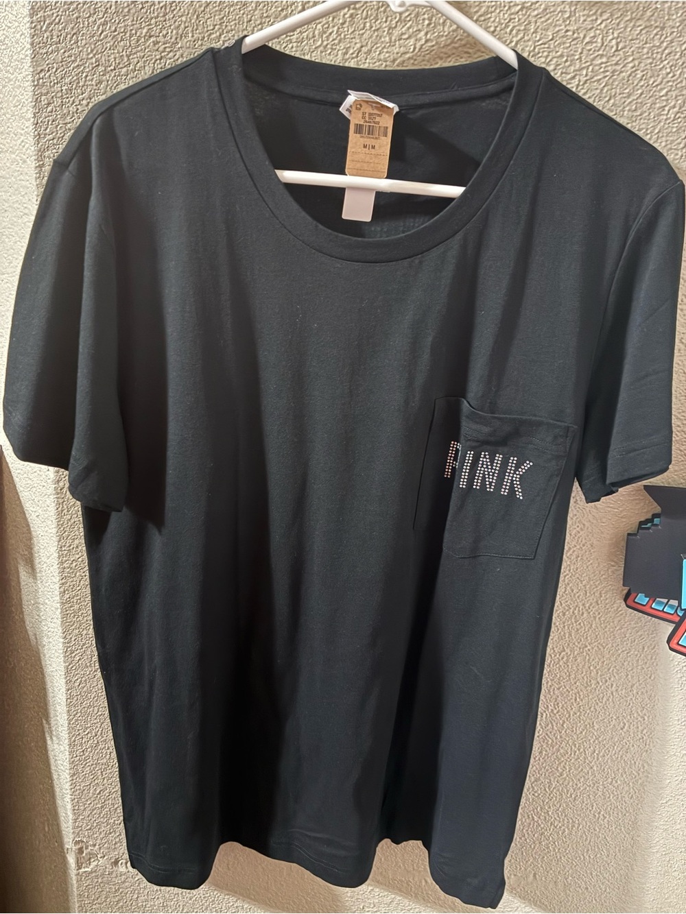 PINK Victoria's Secret Black Short Sleeve Pocket Tee with Rhinestone Logo